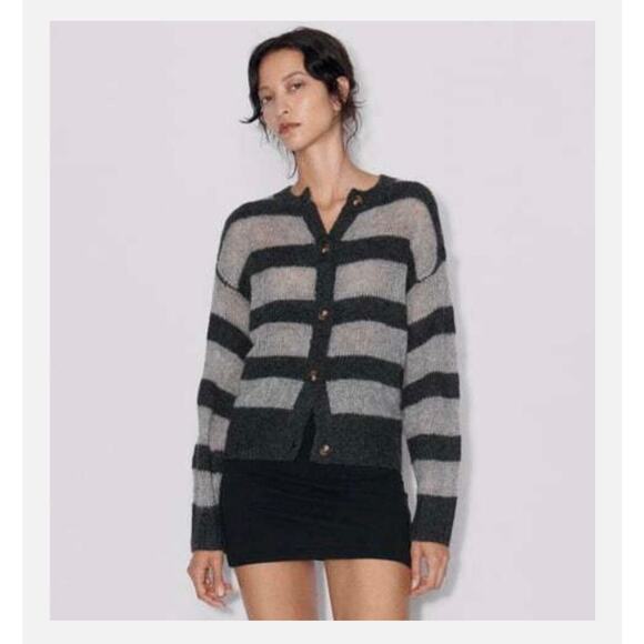 ZARA Striped Knit Cardigan Wool Alpaca
Blend Open Knit Sweater - Picture 1 of 8